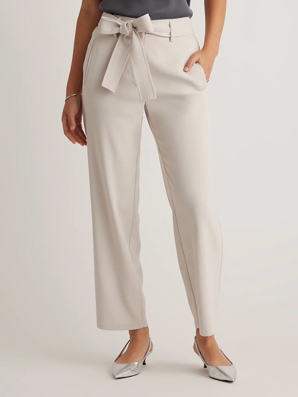 Quince Stretch Crepe Paper Bag  Straight-Leg Trousers with Belt Sand 10
